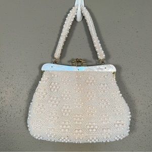 VTG 8x11 Beaded Purse White Gold John Wind Hong Kong Bakelite Pearl